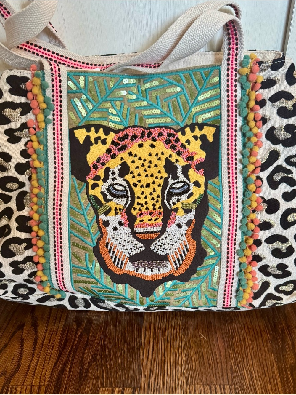 VIRAL- Beaded Leopard Canvas Tote Bag - SHE’S A BEAUTY AND VERY HARD TO FIND!